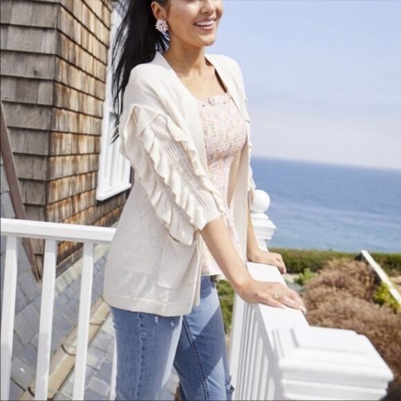Rachel Parcell Ruffle Sleeve Cardigan Oatmeal S - Picture 2 of 8